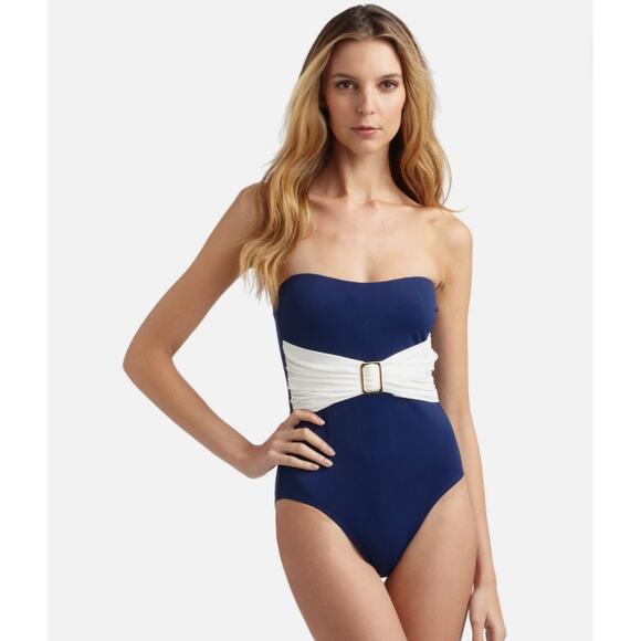 SPANX Whittle Waistline Bandeau Blue & White Slimming One Piece Swimsuit 12 EUC - Picture 1 of 7